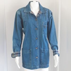 CABIN CREEK Denim Chore Barn Jacket 100% Cotton Plaid Outlined SZ S NWT - Vtg